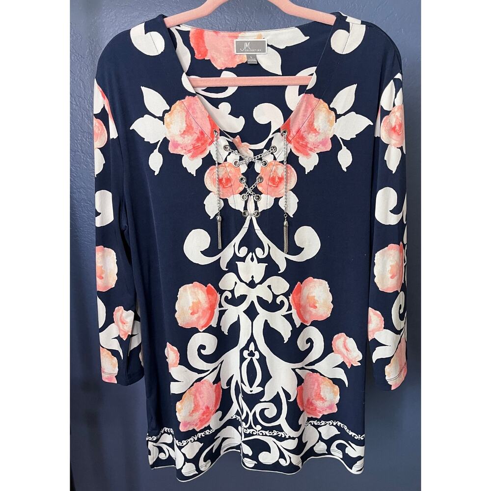 JM Collection Navy Floral Scroll Print Top Lace-Up Chain Detail 3/4 Sleeve Large - Picture 2 of 6
